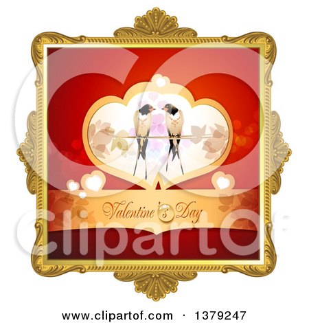 Clipart of a Gold Ornate Frame with Love Birds and Valentines Day Text - Royalty Free Vector Illustration by merlinul