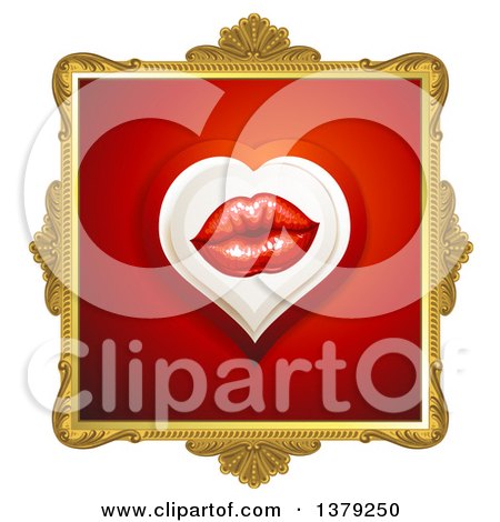 Clipart of a Gold Ornate Frame with Lips on Red - Royalty Free Vector Illustration by merlinul