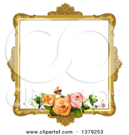 Clipart of a Vintage Ornate Gold Picture Frame with Roses and a Butterfly - Royalty Free Vector Illustration by merlinul