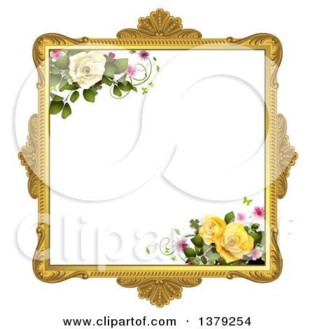 Clipart of a Vintage Ornate Gold Picture Frame with Roses and Butterflies - Royalty Free Vector Illustration by merlinul