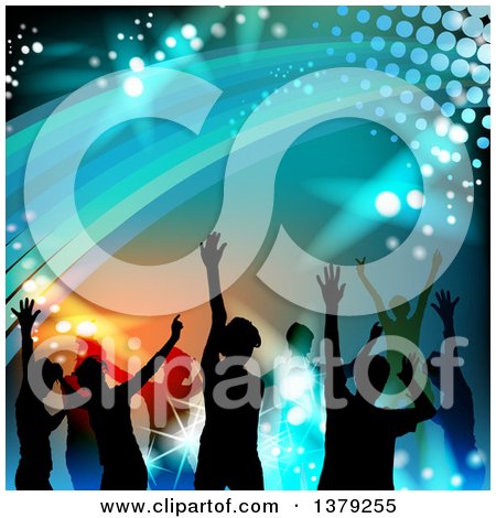 Clipart of a Background of Silhouetted Dancers with Swooshes and Lights - Royalty Free Vector Illustration by merlinul