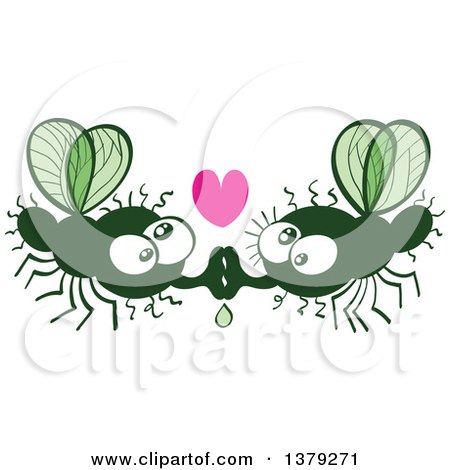 Clipart of a Kissing Valentine House Fly Couple in Love - Royalty Free Vector Illustration by Zooco