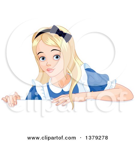 Clipart of Alice in Wonderland over a Sign - Royalty Free Vector Illustration by Pushkin