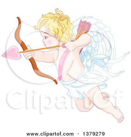 Clipart of a Blond Caucasian Baby Cupid Aiming a Valentine Love Heart Arrow - Royalty Free Vector Illustration by Pushkin