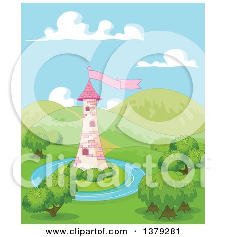 Clipart of a Pink Tower on an Island, Surrounded by Hills - Royalty Free Vector Illustration by Pushkin