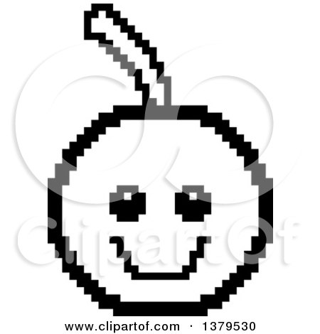 Clipart of a Black and White Happy Cherry Character in 8 Bit Style - Royalty Free Vector Illustration by Cory Thoman