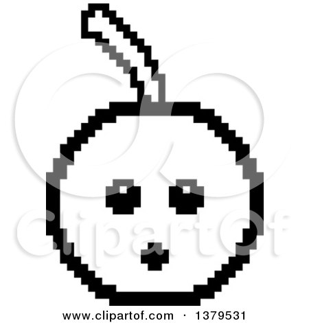 Clipart of a Black and White Surprised Cherry Character in 8 Bit Style - Royalty Free Vector Illustration by Cory Thoman