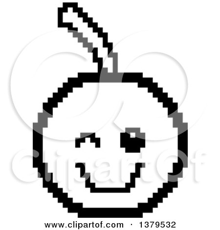 Clipart of a Black and White Winking Cherry Character in 8 Bit Style - Royalty Free Vector Illustration by Cory Thoman