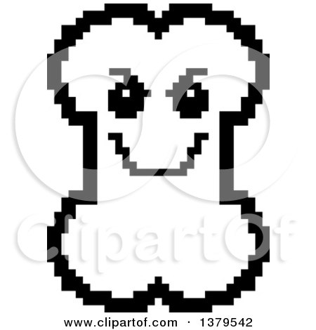 Clipart of a Black and White Grinning Evil Bone Character in 8 Bit Style - Royalty Free Vector Illustration by Cory Thoman