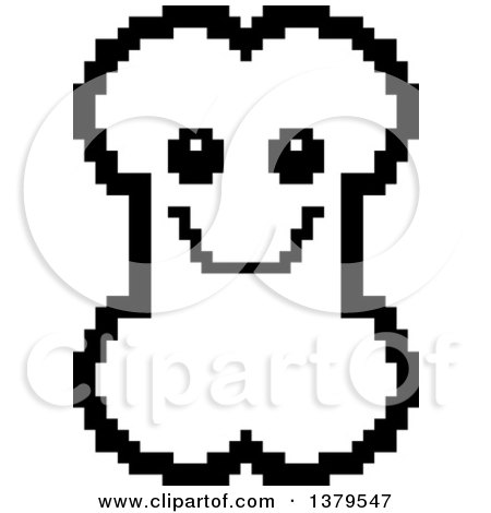 Clipart of a Black and White Happy Bone Character in 8 Bit Style - Royalty Free Vector Illustration by Cory Thoman