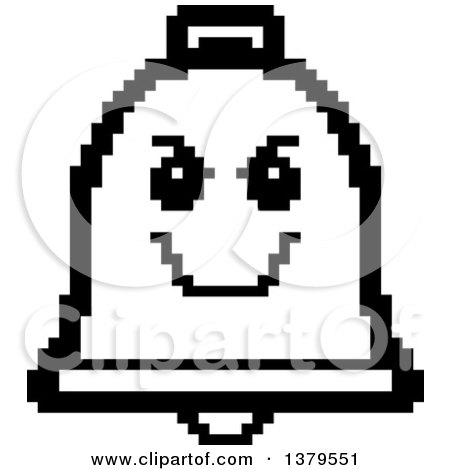 Clipart of a Black and White Grinning Evil Bell Character in 8 Bit Style - Royalty Free Vector Illustration by Cory Thoman