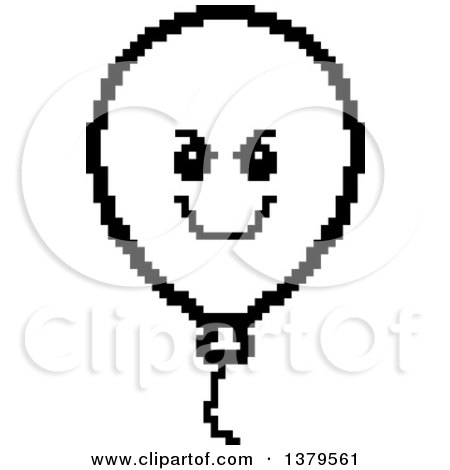 Clipart of a Black and White Grinning Evil Party Balloon Character in 8 Bit Style - Royalty Free Vector Illustration by Cory Thoman