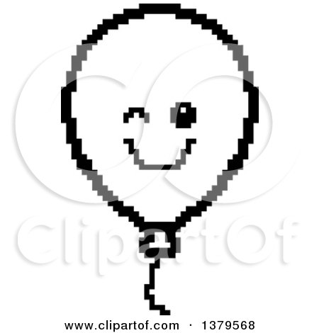 Clipart of a Black and White Winking Party Balloon Character in 8 Bit Style - Royalty Free Vector Illustration by Cory Thoman