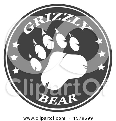 Clipart of a Grizzly Bear Paw with Text on a Gray Circle - Royalty Free Vector Illustration by Hit Toon