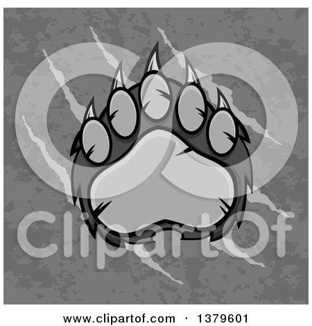 Clipart of a Grayscale Grizzly Bear Paw over Text on Slash Marks and Texture - Royalty Free Vector Illustration by Hit Toon