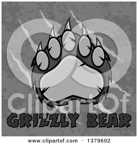 Clipart of a Grayscale Grizzly Bear Paw over Text on Slash Marks, Text and Texture - Royalty Free Vector Illustration by Hit Toon