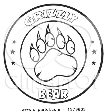 Clipart of a Black and White Grizzly Bear Paw and Text in a Circle - Royalty Free Vector Illustration by Hit Toon