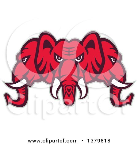 Clipart of a Retro Red Three Headed Elephant Faces with a Gray Outline - Royalty Free Vector Illustration by patrimonio