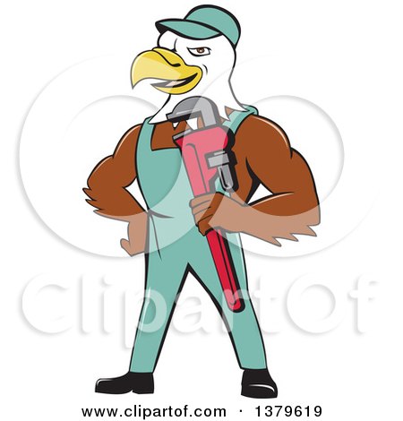 Clipart of a Cartoon Bald Eagle Plumber Man Holding a Monkey Wrench - Royalty Free Vector Illustration by patrimonio