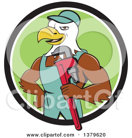 Clipart of a Cartoon Bald Eagle Plumber Man Holding a Monkey Wrench in a Black White and Green Circle - Royalty Free Vector Illustration by patrimonio