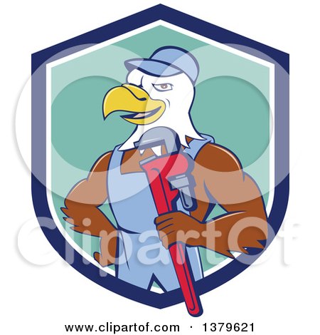 Clipart of a Cartoon Bald Eagle Plumber Man Holding a Monkey Wrench in a Blue White and Turquoise Shield - Royalty Free Vector Illustration by patrimonio
