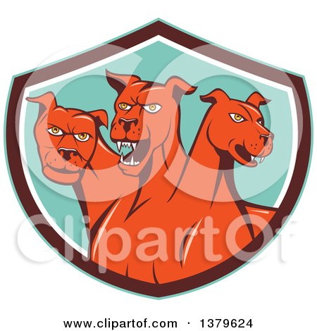 Clipart of a Cartoon Red Three Headed Cerberus Devil Dog Hellhound Monster in a Brown White and Turquoise Shield - Royalty Free Vector Illustration by patrimonio