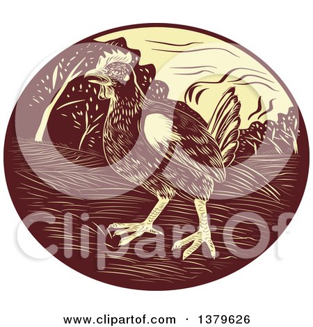 Clipart of a Retro Woodcut Hen in a Brown and Yellow Oval - Royalty Free Vector Illustration by patrimonio