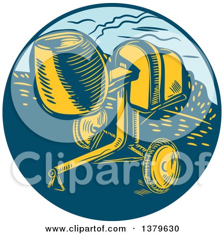 Clipart of a Retro Woodcut Concrete Mixer in a Blue Circle - Royalty Free Vector Illustration by patrimonio