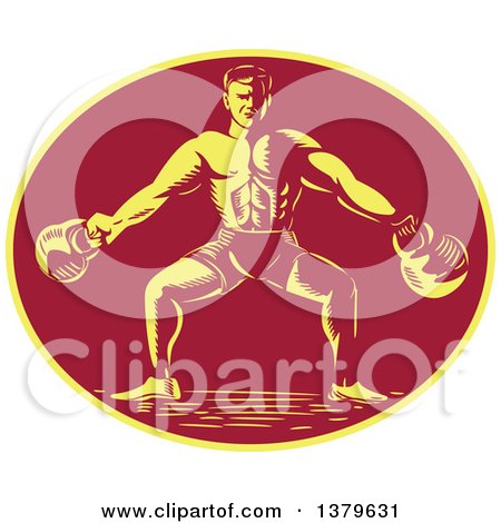 Clipart of a Retro Woodcut Male Bodybuilder Working out with Kettlebells in a Yellow and Red Oval - Royalty Free Vector Illustration by patrimonio