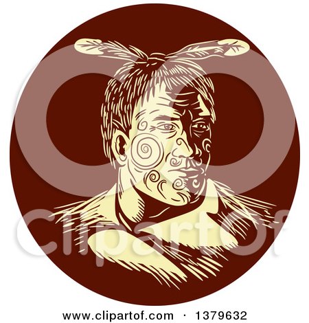 Clipart of a Retro Woodcut Maori Chief Warrior with Face Tattoos in a Brown Circle - Royalty Free Vector Illustration by patrimonio