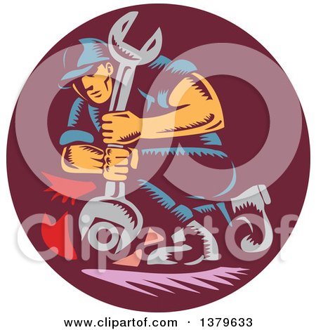 Clipart of a Retro Woodcut Mechanic Unscrewing a Bolt with a Giant Wrench - Royalty Free Vector Illustration by patrimonio