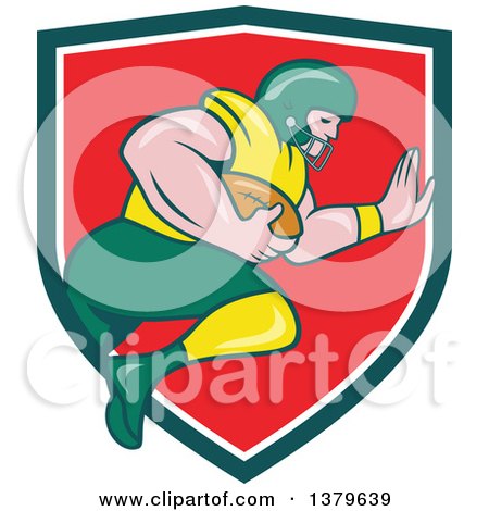 Clipart of a Cartoon White Male American Football Player Charging with the Ball, Emerging from a Green White and Red Shield - Royalty Free Vector Illustration by patrimonio