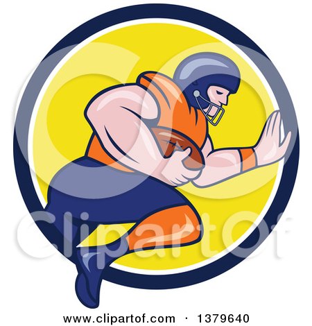 Clipart of a Cartoon White Male American Football Player Charging with the Ball, Emerging from a Blue White and Yellow Circle - Royalty Free Vector Illustration by patrimonio