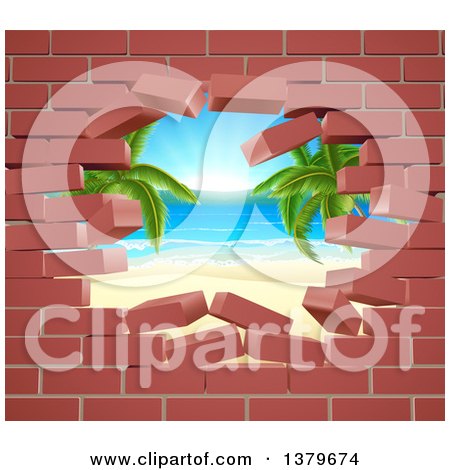 Clipart of a Hole in a 3d Brick Wall, Revealing a Tropical Beach - Royalty Free Vector Illustration by AtStockIllustration