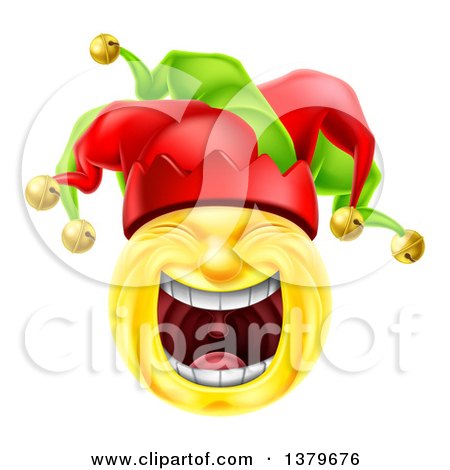 Clipart of a 3d Yellow Male Smiley Emoji Emoticon Face Court Jester Laughing - Royalty Free Vector Illustration by AtStockIllustration