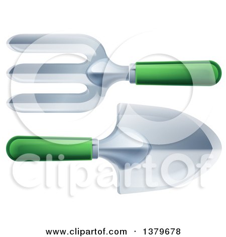 Clipart of a 3d Green Handled Garden Fork and Spade - Royalty Free Vector Illustration by AtStockIllustration