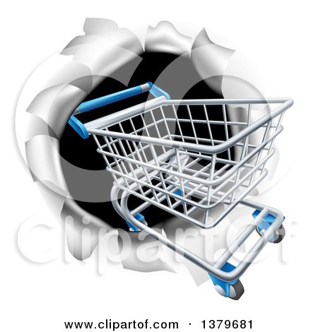 Clipart of a 3d Shopping Cart Breaking Through a Wall - Royalty Free Vector Illustration by AtStockIllustration