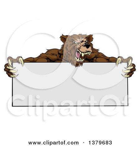 Clipart of a Fierce Buff Muscular Grizzly Bear Man Holding a Blank Sign - Royalty Free Vector Illustration by AtStockIllustration