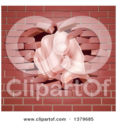 Clipart of a Cartoon Caucasian Hand Pointing Outwards, Breaking Through a Brick Wall - Royalty Free Vector Illustration by AtStockIllustration