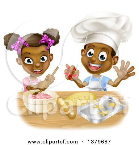 Clipart of a Cartoon Happy Black Girl and Boy Making Frosting and Baking Star Cookies - Royalty Free Vector Illustration by AtStockIllustration