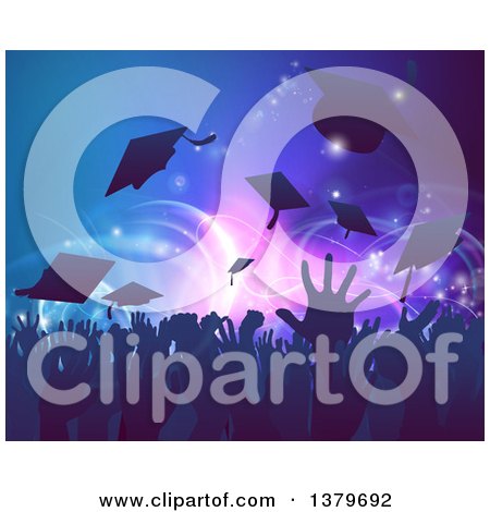 Clipart of a Silhouetted Graduation Crowd Tossing up Their Mortar Board Caps Against Party Lights - Royalty Free Vector Illustration by AtStockIllustration