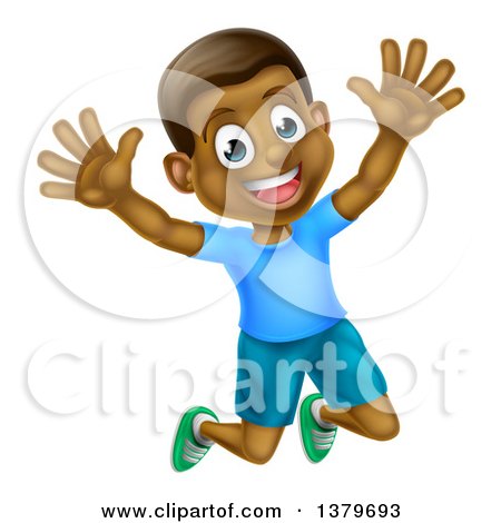 Clipart of a Happy and Excited Black Boy Jumping - Royalty Free Vector Illustration by AtStockIllustration