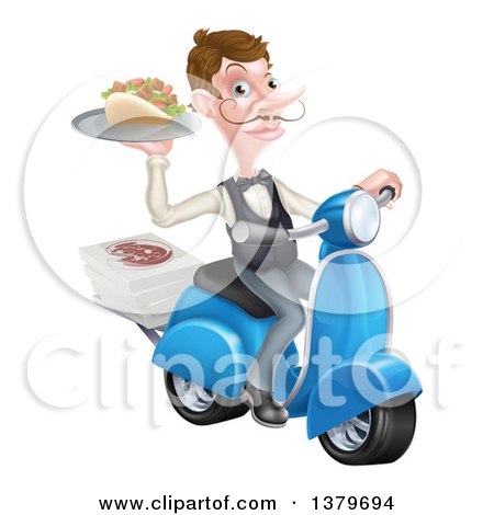 Clipart of a White Male Waiter with a Curling Mustache, Holding a Souvlaki Kebab Sandwich on a Scooter - Royalty Free Vector Illustration by AtStockIllustration