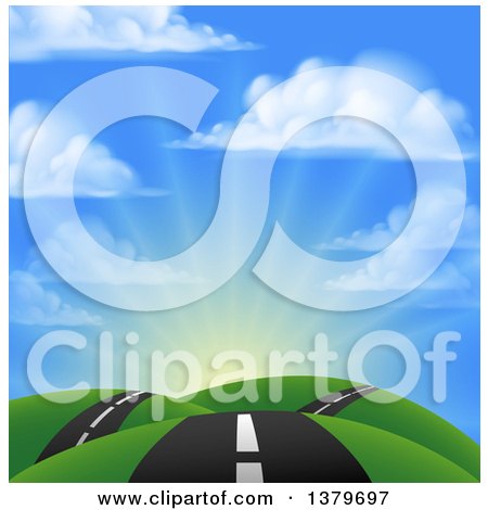 Clipart of a Landscape with a Road Going over Green Hills Against Sunrise - Royalty Free Vector Illustration by AtStockIllustration