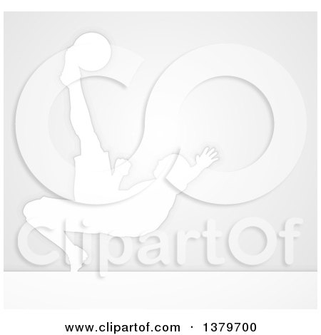 Clipart of a White Silhouetted Male Soccer Player Diving to Kick a Ball, over Gray - Royalty Free Vector Illustration by AtStockIllustration