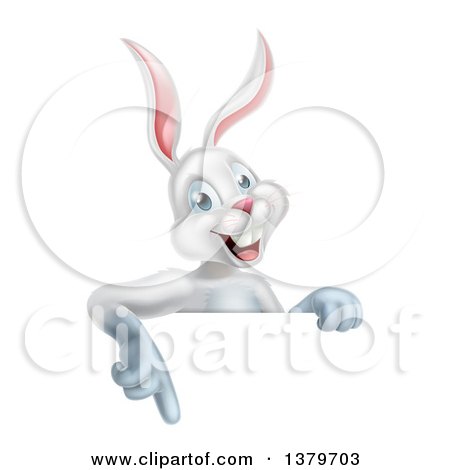 Clipart of a Happy White Bunny Rabbit Pointing down over a Sign - Royalty Free Vector Illustration by AtStockIllustration
