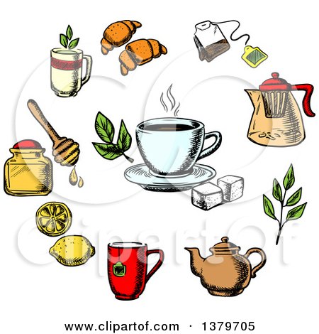 Clipart of a Sketched Circle of Tea Items - Royalty Free Vector Illustration by Vector Tradition SM
