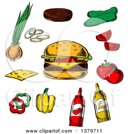 Clipart of a Sketched Cheeseburger and Ingredients - Royalty Free Vector Illustration by Vector Tradition SM
