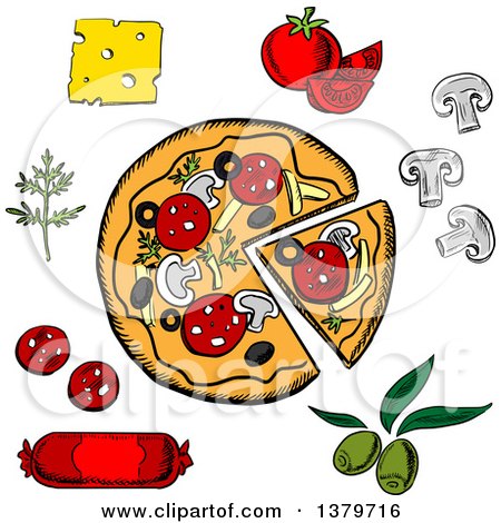 Clipart of a Sketched Pizza and Ingredients - Royalty Free Vector Illustration by Vector Tradition SM