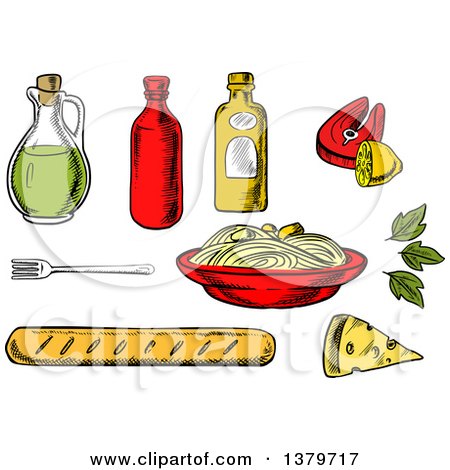 Clipart of Sketched Spaghetti and Ingredients - Royalty Free Vector Illustration by Vector Tradition SM